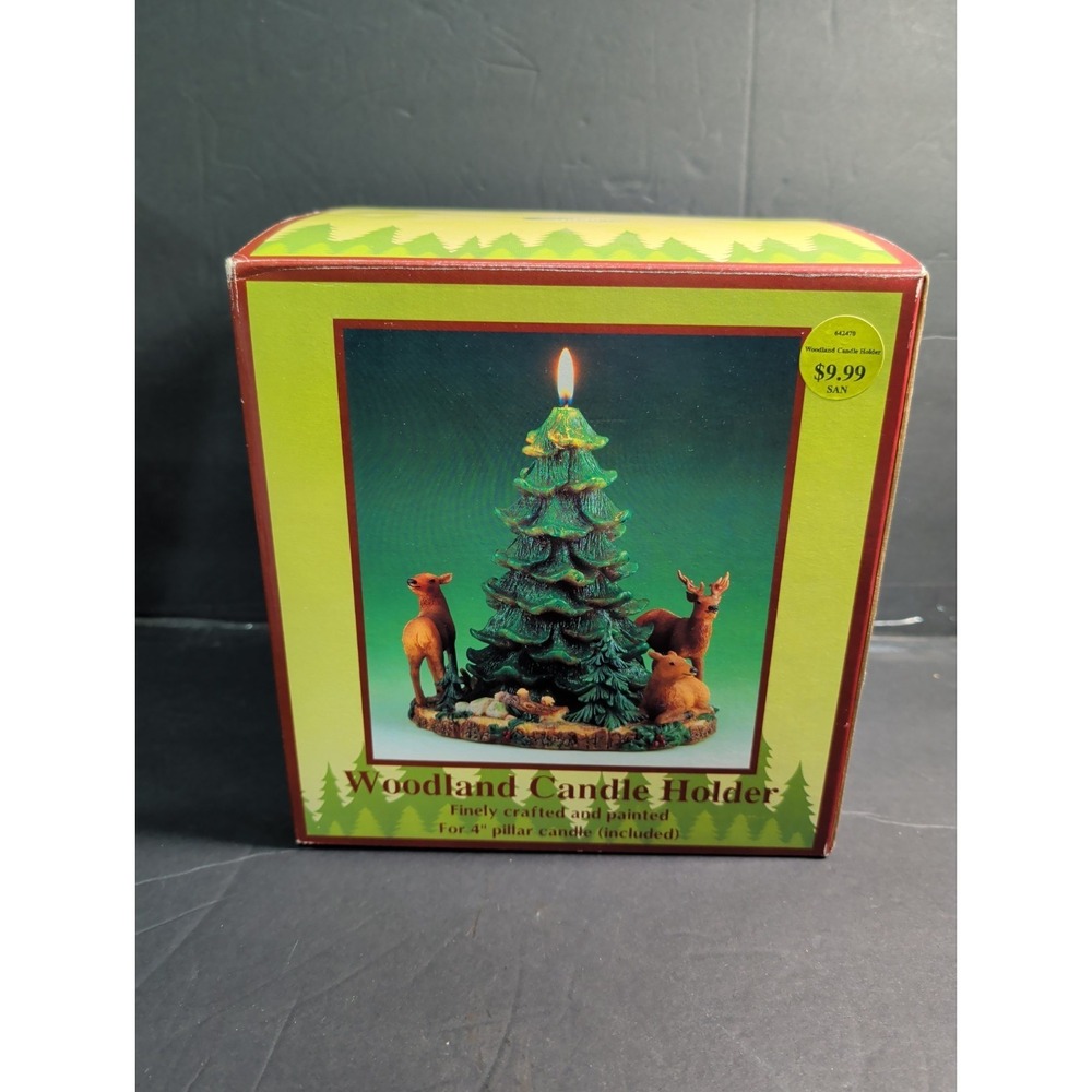 Woodland Candle and Holder In Original‎ Box Deer Family Pine Trees Christmas